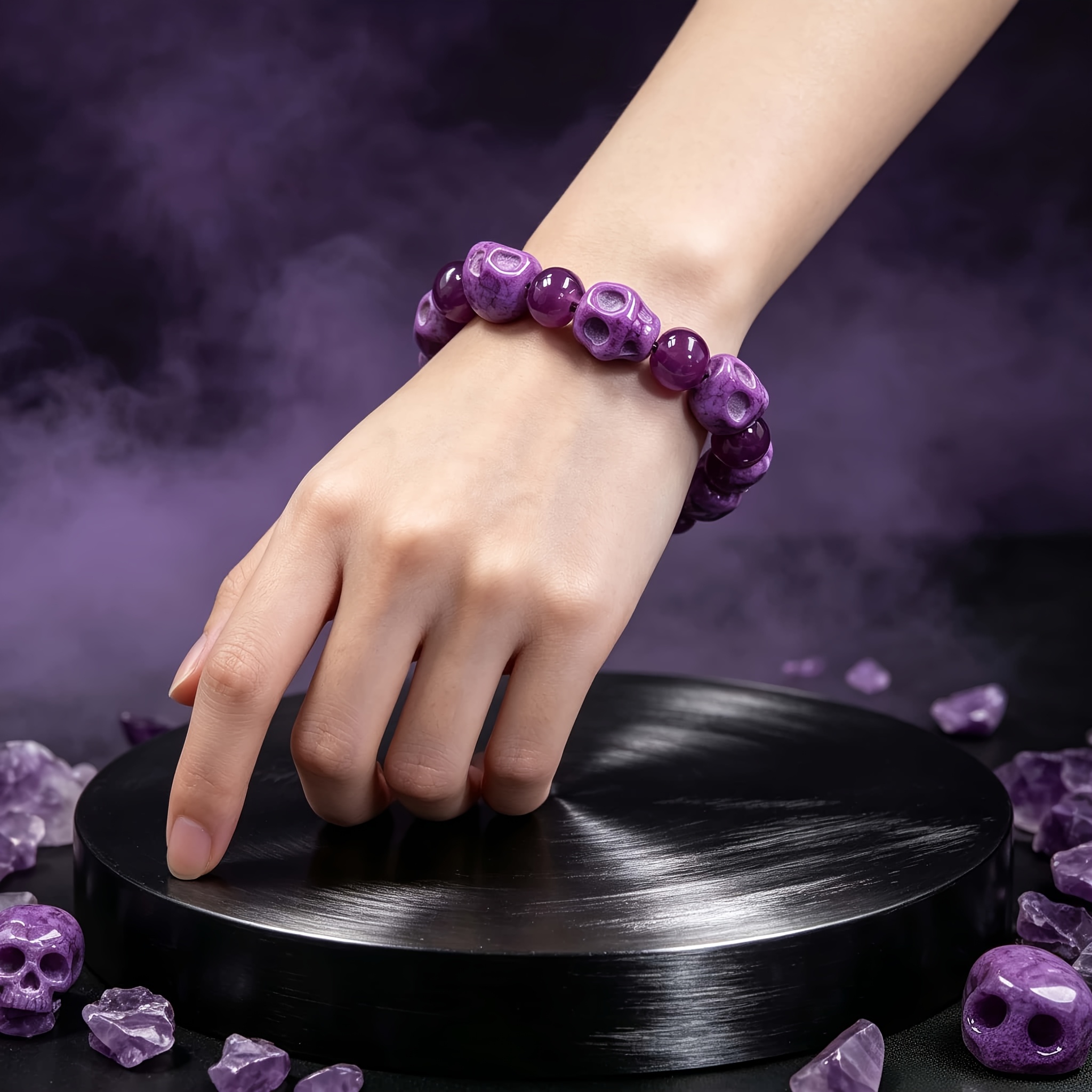 Carved Purple Skull Bracelet with Amethyst Beads